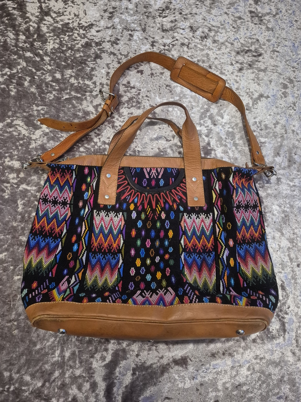 Nena & Co Large Guatemalan Woven Leather Tote Boho Travel Shoulder Bag